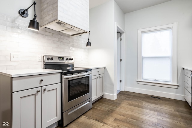 1451 N Grant Ave, Indianapolis, IN 46201 - kitchen with stainless steel range with electric stovetop, premium range hood, backsplash, wood finished floors, and baseboards