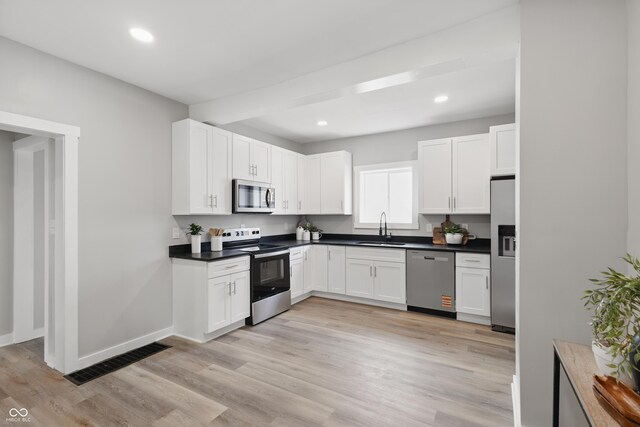 kitchen with visible vents, appliances with stainless steel finishes, a sink, baseboards, and white cabinetry