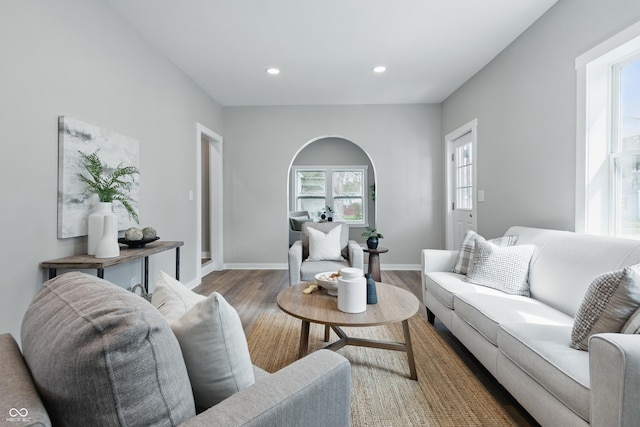living area featuring recessed lighting, baseboards, and wood finished floors