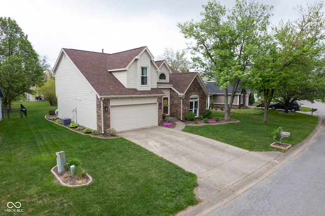 view of front of property featuring brick siding, driveway, a front yard, and roof with shingles