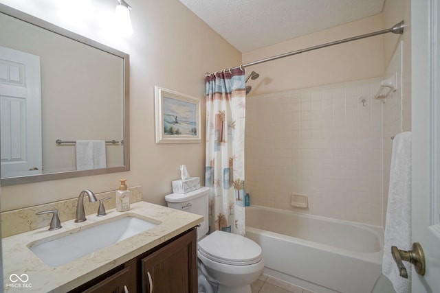 bathroom featuring vanity, toilet, a textured ceiling, and shower / tub combo with curtain