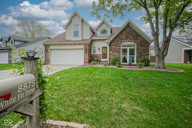 view of front of house with a front lawn, roof with shingles, brick siding, concrete driveway, and an attached garage