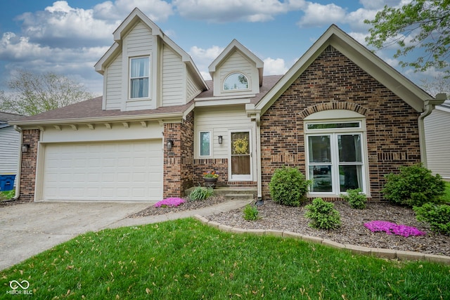 view of front of property with a shingled roof, driveway, and brick siding