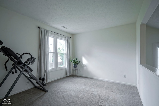 exercise area featuring visible vents, baseboards, and carpet floors