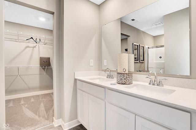 full bathroom featuring a sink, a walk in closet, and a stall shower