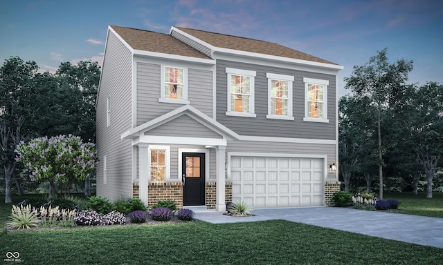 view of front of home with an attached garage, driveway, a shingled roof, and a front lawn