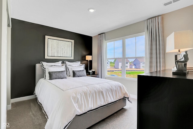 bedroom featuring baseboards, carpet flooring, recessed lighting, and visible vents