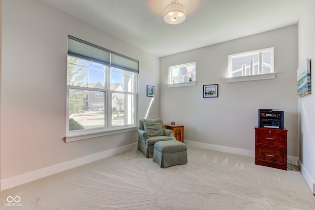 sitting room featuring carpet floors and baseboards