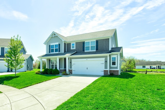 view of front facade featuring an attached garage, a front lawn, board and batten siding, and concrete driveway