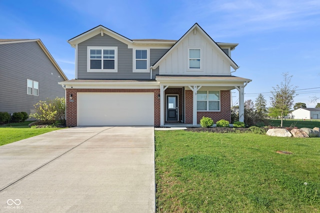 view of front of house featuring a front yard, brick siding, board and batten siding, an attached garage, and driveway