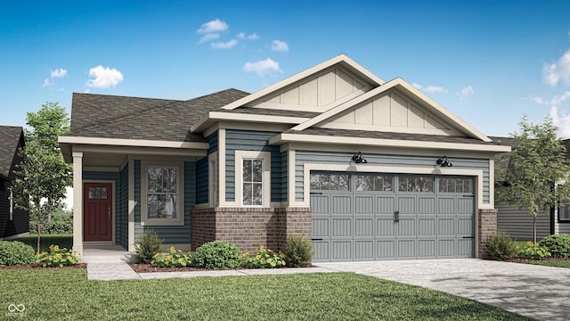 view of front of house featuring roof with shingles, a front yard, a garage, brick siding, and concrete driveway