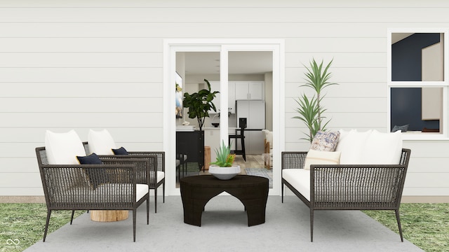 living area with wood walls and carpet