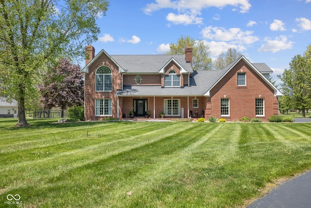 traditional-style home with brick siding, a chimney, and a front yard