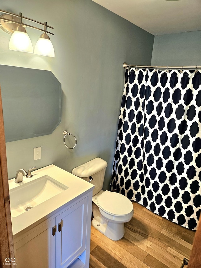 1647 State Ferry Rd, Solsberry, IN 47459 - full bathroom featuring a shower with curtain, vanity, toilet, and wood finished floors