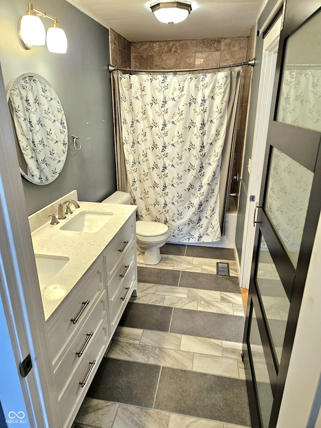 1647 State Ferry Rd, Solsberry, IN 47459 - full bathroom featuring double vanity, visible vents, shower / bath combination with curtain, a sink, and toilet