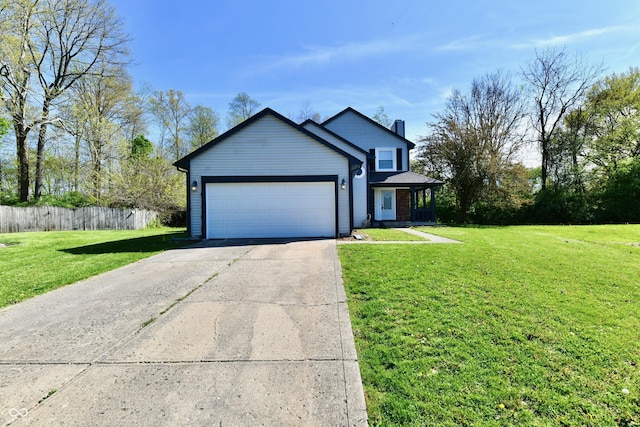 view of front of property featuring fence, a front yard, a chimney, an attached garage, and driveway