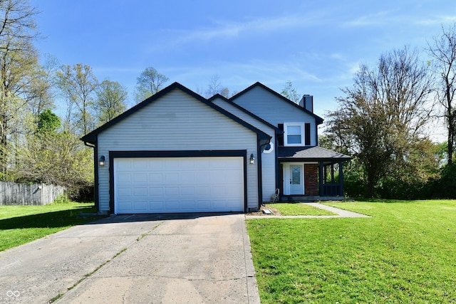 view of front of property with a garage, a front lawn, a chimney, and concrete driveway