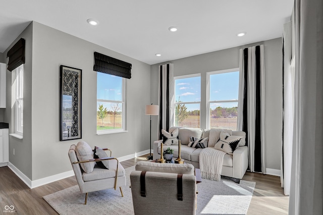 living area featuring baseboards, recessed lighting, and wood finished floors