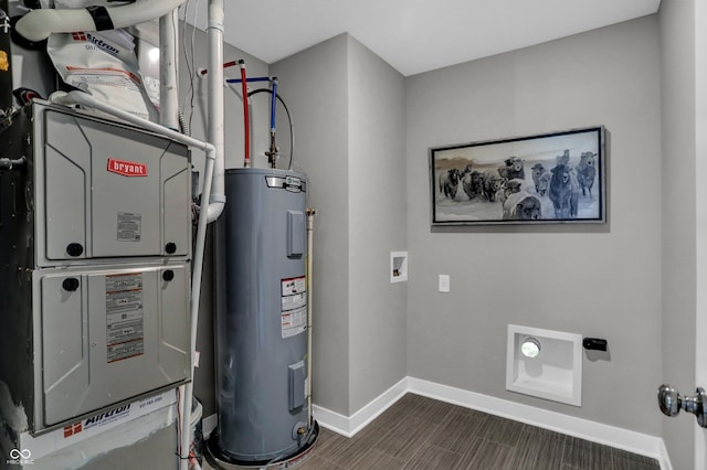 utility room with heating unit and electric water heater