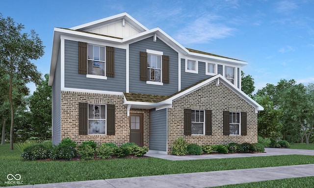 craftsman inspired home featuring board and batten siding, brick siding, and a front yard