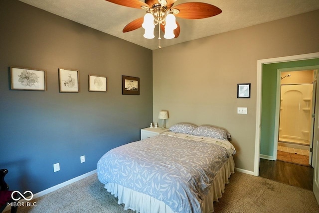carpeted bedroom featuring baseboards and ceiling fan