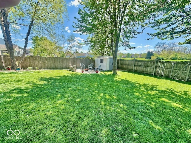 view of yard with a storage shed, an outbuilding, a fenced backyard, and a patio