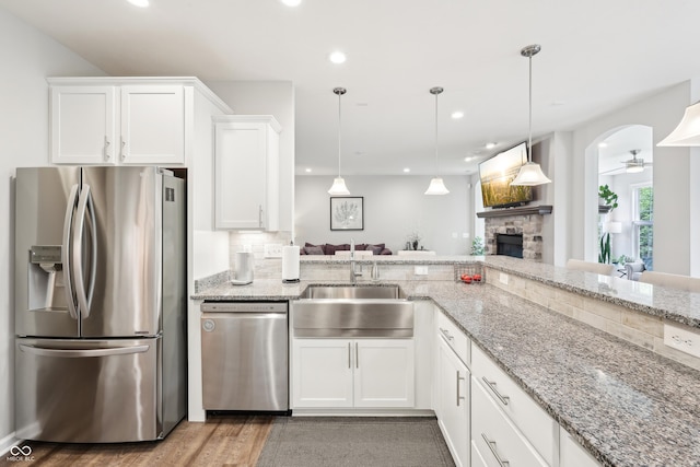 9359 Foudray Cir N, Avon, IN 46123 - kitchen featuring stainless steel appliances, a sink, a ceiling fan, white cabinetry, and a fireplace