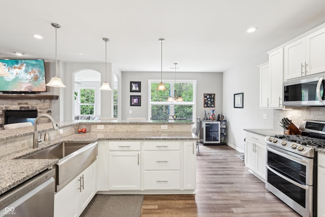 9359 Foudray Cir N, Avon, IN 46123 - kitchen featuring appliances with stainless steel finishes, a stone fireplace, wood finished floors, healthy amount of natural light, and recessed lighting
