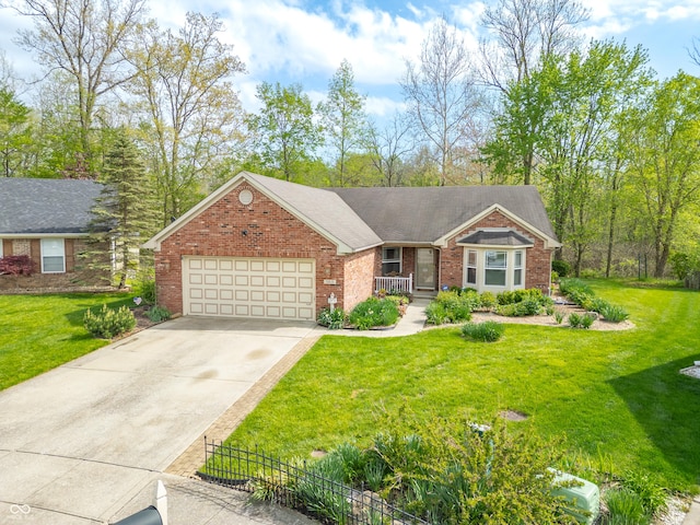 ranch-style home with brick siding, fence, a front lawn, concrete driveway, and an attached garage