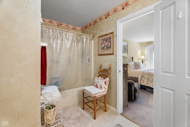 full bathroom featuring shower / tub combo with curtain and ensuite bath
