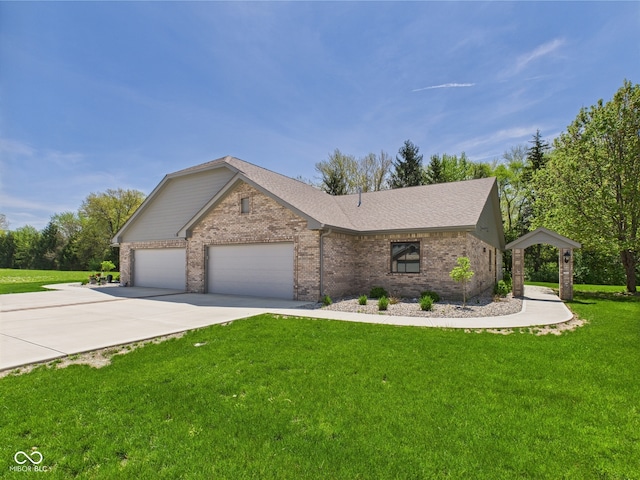ranch-style house featuring an attached garage, driveway, a front lawn, and brick siding