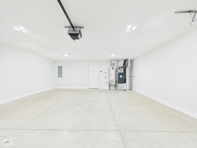garage featuring electric panel, baseboards, water heater, heating unit, and a garage door opener