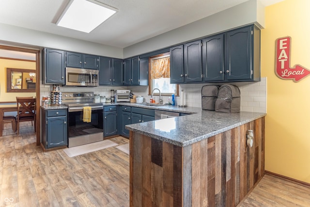 kitchen with a sink, stone countertops, light wood-style flooring, stainless steel appliances, and a peninsula