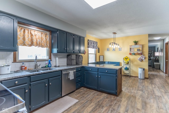 kitchen with dark wood-style flooring, a peninsula, a sink, and dishwasher