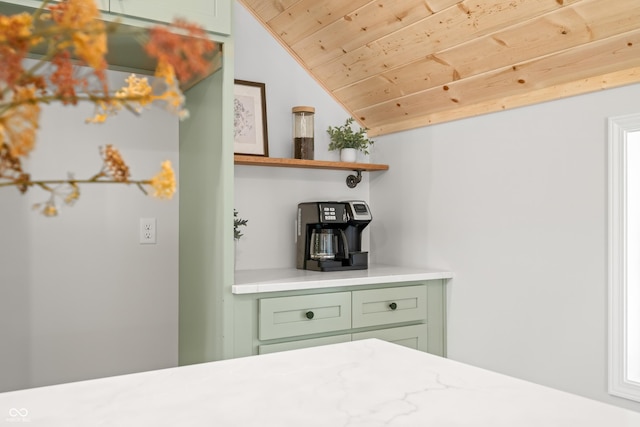 interior space featuring vaulted ceiling and wooden ceiling