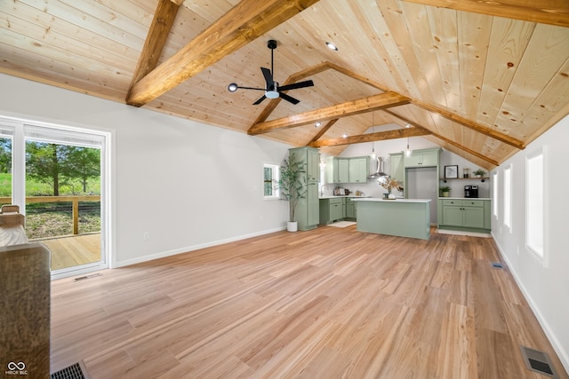 unfurnished living room with lofted ceiling with beams, wooden ceiling, and visible vents