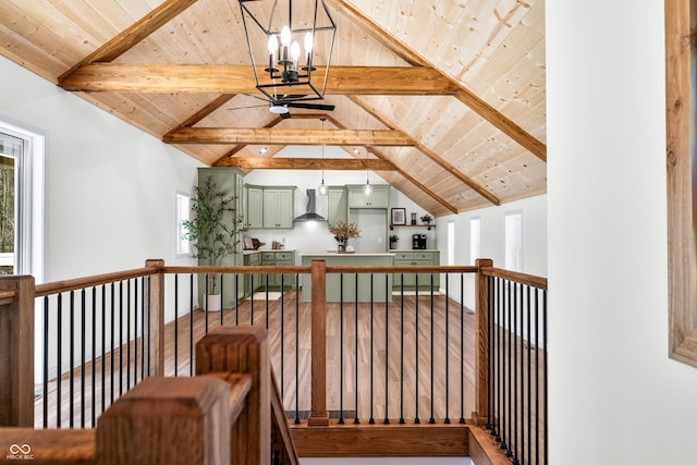 bonus room with vaulted ceiling with beams, wood ceiling, ceiling fan with notable chandelier, and wood finished floors
