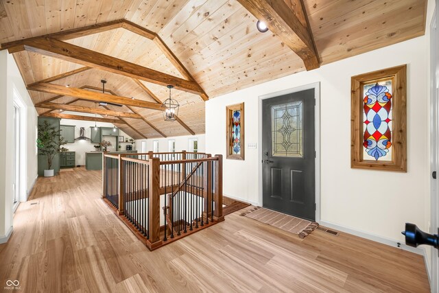 foyer featuring visible vents, light wood-style floors, baseboards, wood ceiling, and lofted ceiling with beams