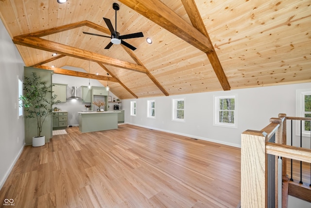 unfurnished living room with baseboards, light wood-style flooring, and wood ceiling