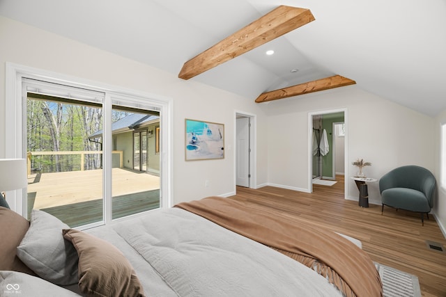 1526 Curly Shingles Rd, Nashville, IN 47448 - bedroom with access to exterior, vaulted ceiling, wood finished floors, baseboards, and recessed lighting
