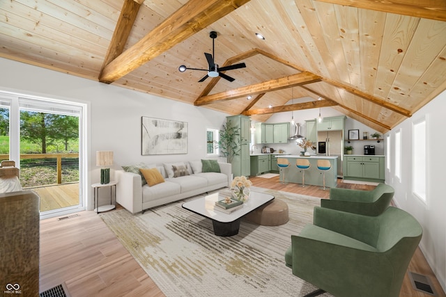 1526 Curly Shingles Rd, Nashville, IN 47448 - living room with wood ceiling, light wood-style floors, and ceiling fan