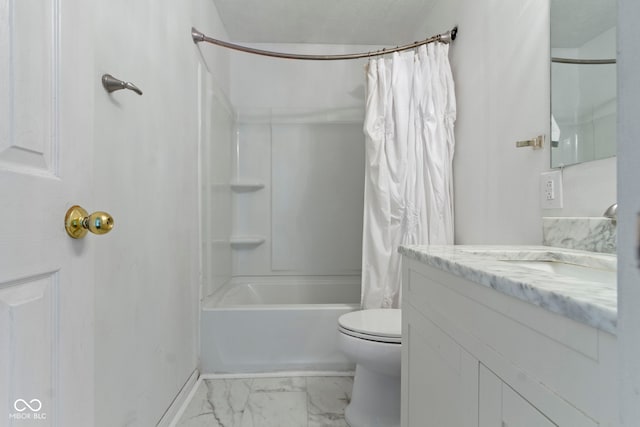 6638 Sunbury Dr, Indianapolis, IN 46241 - full bathroom with vanity, marble finish floor, toilet, baseboards, and shower / tub combo