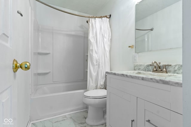 6638 Sunbury Dr, Indianapolis, IN 46241 - bathroom with toilet, shower / tub combo, marble finish floor, and vanity