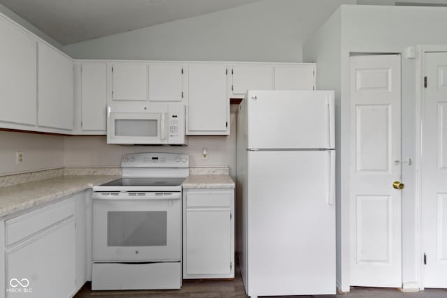 6638 Sunbury Dr, Indianapolis, IN 46241 - kitchen with white appliances, dark wood-type flooring, light countertops, white cabinets, and vaulted ceiling