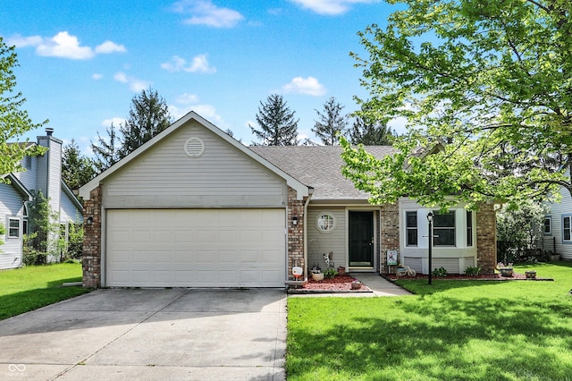 ranch-style home featuring roof with shingles, a front yard, a garage, brick siding, and concrete driveway