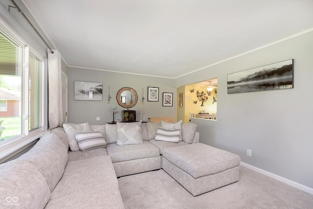 living room with carpet flooring, baseboards, ornamental molding, and a wealth of natural light