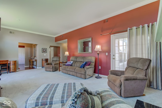 living room with carpet flooring, visible vents, and ornamental molding