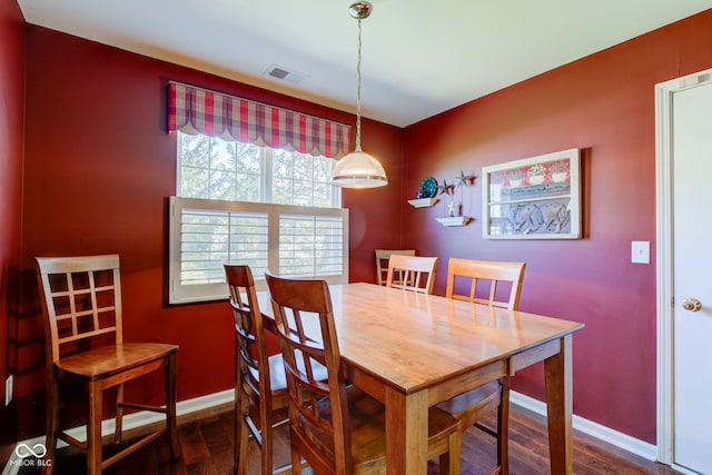 dining space featuring baseboards, dark wood-style floors, and visible vents