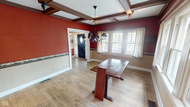 unfurnished dining area featuring visible vents, beamed ceiling, baseboards, light wood-type flooring, and coffered ceiling