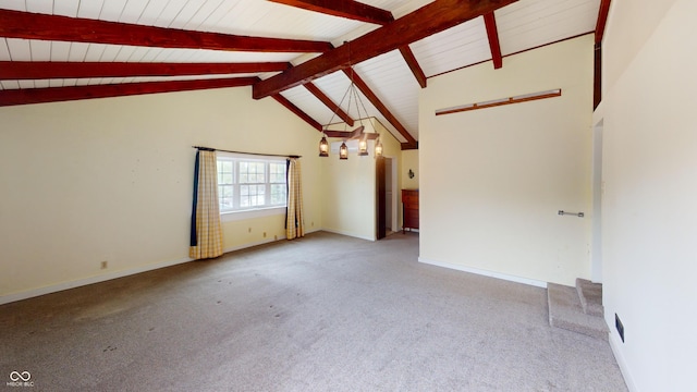 unfurnished room featuring an inviting chandelier, baseboards, vaulted ceiling with beams, wooden ceiling, and carpet flooring